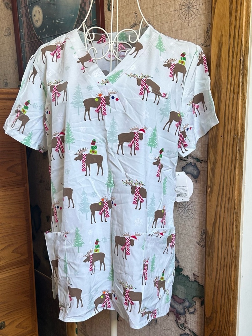 White Cross Moose Wearing Scarf Scrub Top